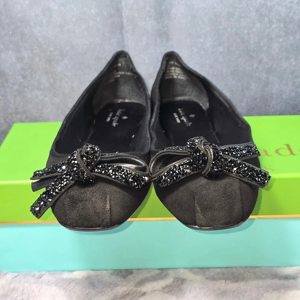 NWB Kate Spade Freya Ballet Flats Black Suede Crystal Bow‎ Women 9.5